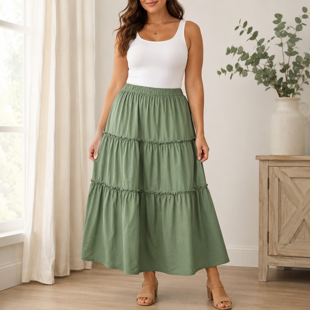 Lane Bryant 18/20 Sage Green Tiered Maxi Skirt Pockets Cottagecore Boho